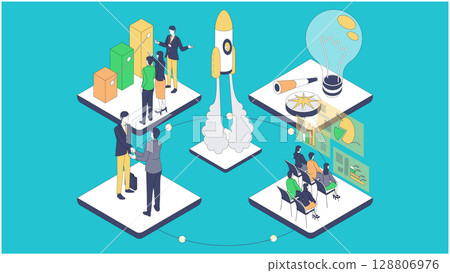 Accelerate your business with rocket launch! Isometric chart showing growth 128806976