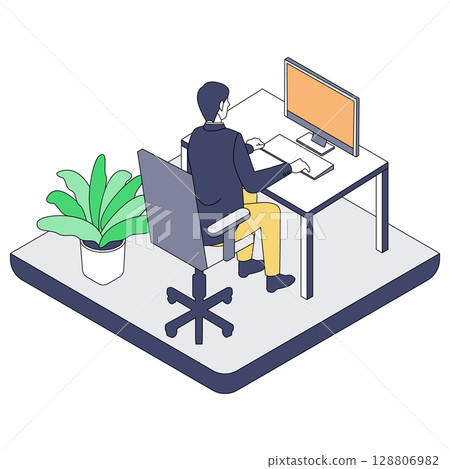 在辦公桌前工作的商務人士的等距插圖 128806982