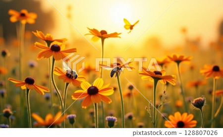 Vibrant field of yellow flowers with bees buzzing during a warm sunset in a serene rural landscape 128807026