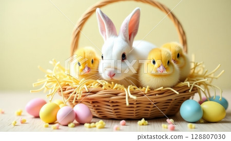 White rabbit and yellow chicks nestled together in a woven basket surrounded by colorful Easter eggs on a light background 128807030