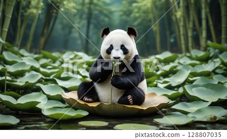Panda sits on a lily pad and enjoys bamboo in a serene forest setting surrounded by lush greenery 128807035