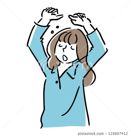 一個昏昏欲睡的女人伸展線條畫簡單的插圖早晨夜晚 128807412