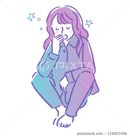 一位穿著睡衣的女士坐著打哈欠,覺得很睏 一位穿著睡衣的女士坐著打哈欠,覺得很睏 128807496