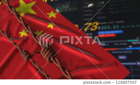 The China Flag and barbed wire for Business crisis concept 3d Rendering. 128807507