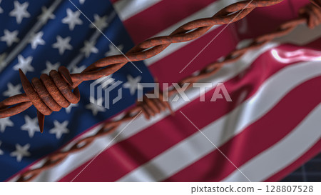 The America Flag and barbed wire for Business crisis concept 3d Rendering. 128807528
