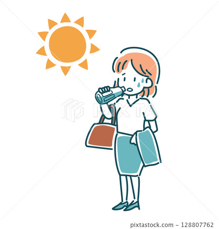 向量圖的一位身穿西裝的女士正在補水 向量圖的一位身穿西裝的女士正在補水 128807762