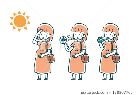 Vector illustration set of a pregnant woman going out on a hot day 128807763