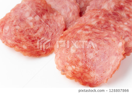 Sliced salami close-up Sliced salami close-up 128807866