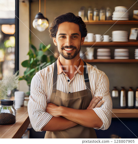A cafe owner with a lovely smile 128807905