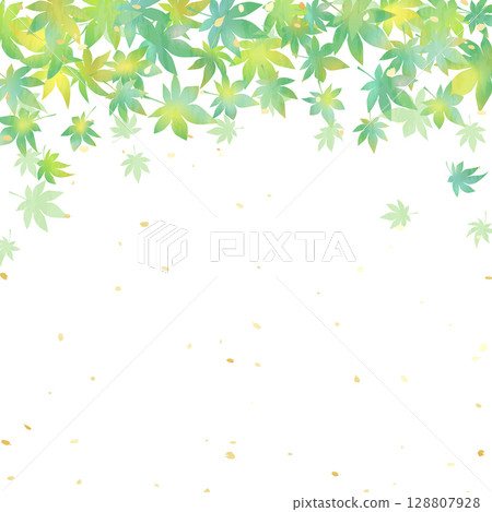 A vector background illustration of beautiful green gradation blue maple leaves and white Japanese paper 128807928