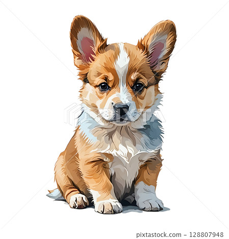 Cutout illustration of a Pembroke Welsh Corgi puppy sitting and looking at you 128807948