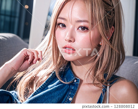 一個女人坐在沙發上 128808012