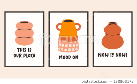 Dopamine decor interior poster set. Trendy wall arts with different objects in simple flat style. Modern naive interior decorations, paintings. Colorful flat vector illustration. Dopamine decor interior poster set. Trendy wall arts with different objects in simple flat style. Modern naive interior decorations, paintings. Colorful flat vector illustration. 128808172