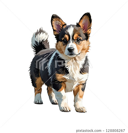 Cut-out illustration of a Pembroke Welsh Corgi puppy standing upright 128808267