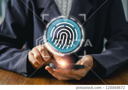 Innovative fingerprint concept showcasing digital security and biometric authentication technology for modern devices. 128808672
