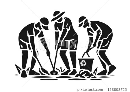 Icon illustration of young people volunteering to pick up trash 128808723