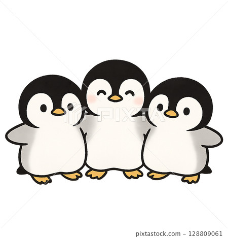Three friendly penguins with their arms around each other Three friendly penguins with their arms around each other 128809061