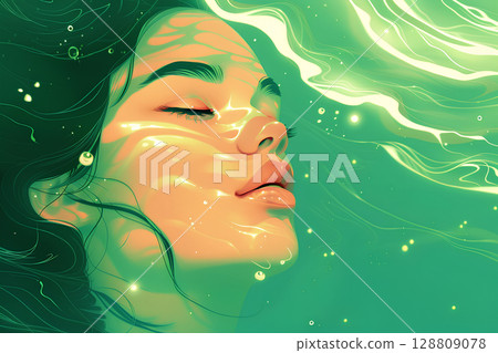 Emerald green water and a woman's close-up Emerald green water and a woman's close-up 128809078