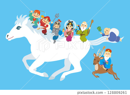 新年賀卡插圖 馬年 白馬 七福神 128809261