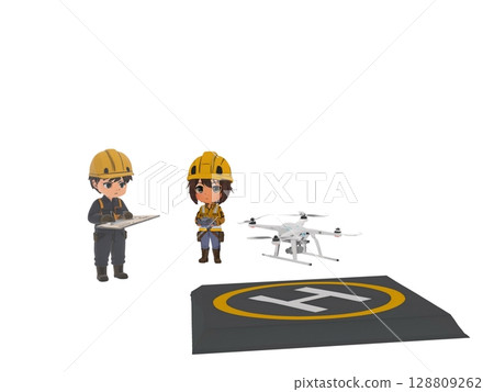Workers, site managers, and drone pilots operating drones for surveying and photography at construction and civil engineering work sites Workers, site managers, and drone pilots operating drones for surveying and photography at construction and civil engineering work sites 128809262