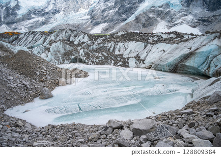 Natural pond appeared next to Everest base camp caused of Khumbu glacier melting. Natural pond appeared next to Everest base camp caused of Khumbu glacier melting. 128809384