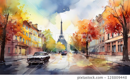 Watercolor European cityscape Watercolor European cityscape 128809448