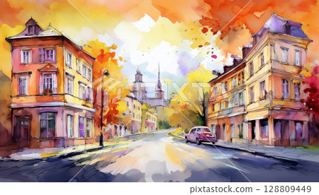 水彩歐洲城市景觀 128809449