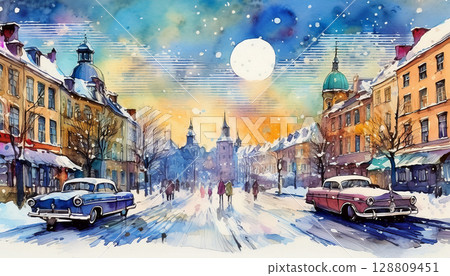 水彩歐洲城市景觀 128809451