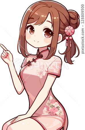 一位身穿中國服飾的女子指著 128809500