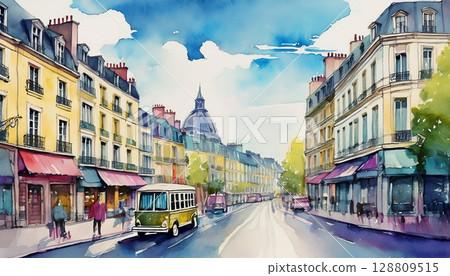 Watercolor European cityscape Watercolor European cityscape 128809515