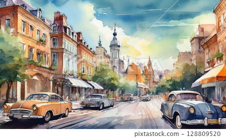 Watercolor European cityscape 128809520