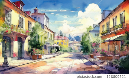 Watercolor European cityscape Watercolor European cityscape 128809521