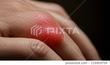 Severe swelling on hand after painful insect sting. Severe swelling on hand after painful insect sting. 128809704