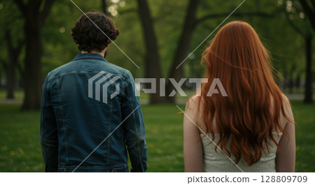 Couple on verge of breakup stands in park, their backs to camera conveying emotional distance. 128809709