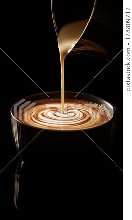 Rich coffee with creamy milk pouring in a stylish black cup creating a heart 128809712