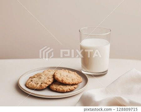 Freshly baked cookies with a glass of milk on a simple background Freshly baked cookies with a glass of milk on a simple background 128809715