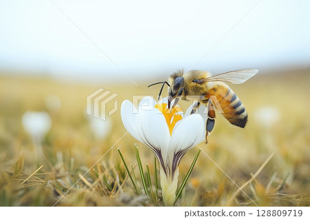 Bee collecting nectar from a white crocus flower in early spring Bee collecting nectar from a white crocus flower in early spring 128809719