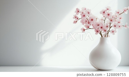 Cherry blossoms in a white ceramic vase with soft shadows on a empty background Cherry blossoms in a white ceramic vase with soft shadows on a empty background 128809755