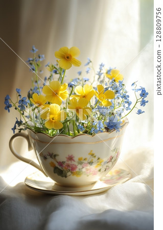 Beautiful bouquet of yellow and blue flowers in a delicate teacup Beautiful bouquet of yellow and blue flowers in a delicate teacup 128809756