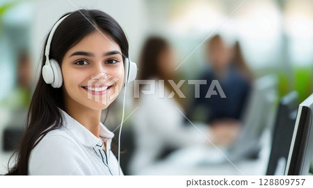 Minimalist portrait of a smiling woman with headset in modern office Minimalist portrait of a smiling woman with headset in modern office 128809757