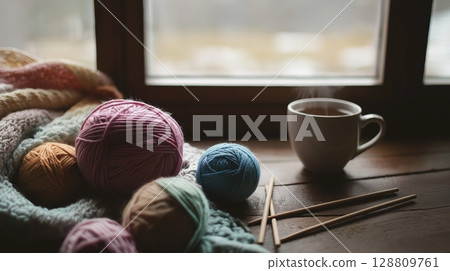 Warm yarn, hot mug creates cozy crafting scene. Cozy ambiance offers pure comfort Warm yarn, hot mug creates cozy crafting scene. Cozy ambiance offers pure comfort 128809761