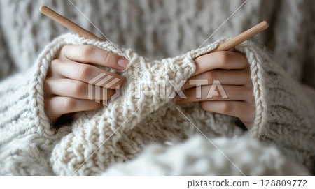 Hands knitting warm sweater. Cozy knitting shows skill, comfort, peaceful knitting hobby Hands knitting warm sweater. Cozy knitting shows skill, comfort, peaceful knitting hobby 128809772