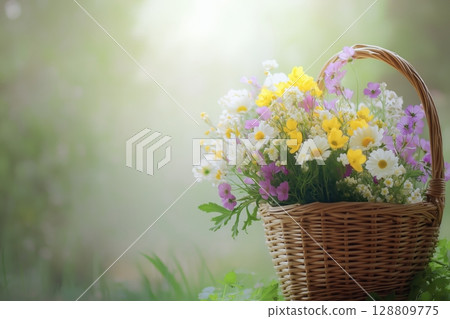 Basket of beautiful spring flowers with vibrant colors in a green background Basket of beautiful spring flowers with vibrant colors in a green background 128809775