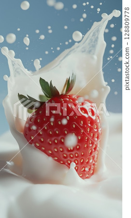 Juicy strawberry splashing in creamy milk against a blue background Juicy strawberry splashing in creamy milk against a blue background 128809778
