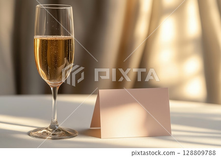 Elegant pastel wedding place card beside a champagne glass Elegant pastel wedding place card beside a champagne glass 128809788