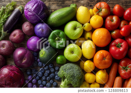 Vegetables and fruits arranged on an antique desk 128809813