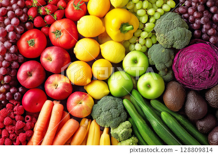Vegetables and fruits arranged on an antique desk 128809814