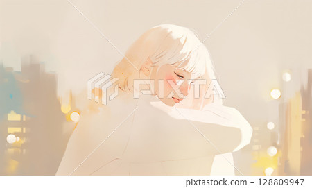 一位婦女在夜間穿越城市的水彩插圖 128809947