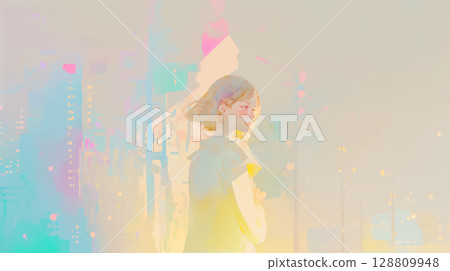 一位婦女在夜間穿越城市的水彩插圖 128809948