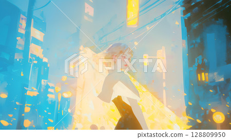 Watercolor illustration of a woman walking through the city at night 128809950